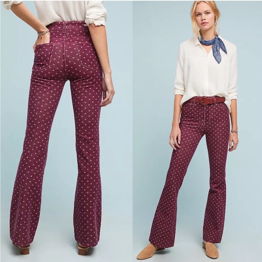 Anthropologie Pilcro Corduroy Floral High Rise Flare Bootcut Jeans Burgundy